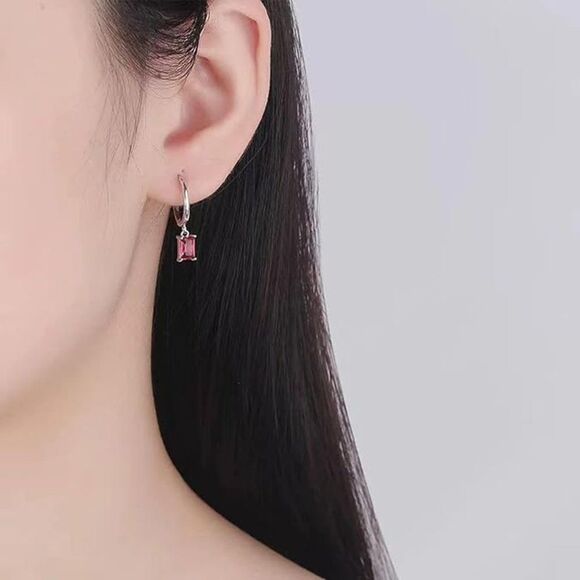 Hot Pink Huggie Hoop Earrings Gold Dangle Rectangle Emerald Earring, Gold Huggie - Picture 3 of 3